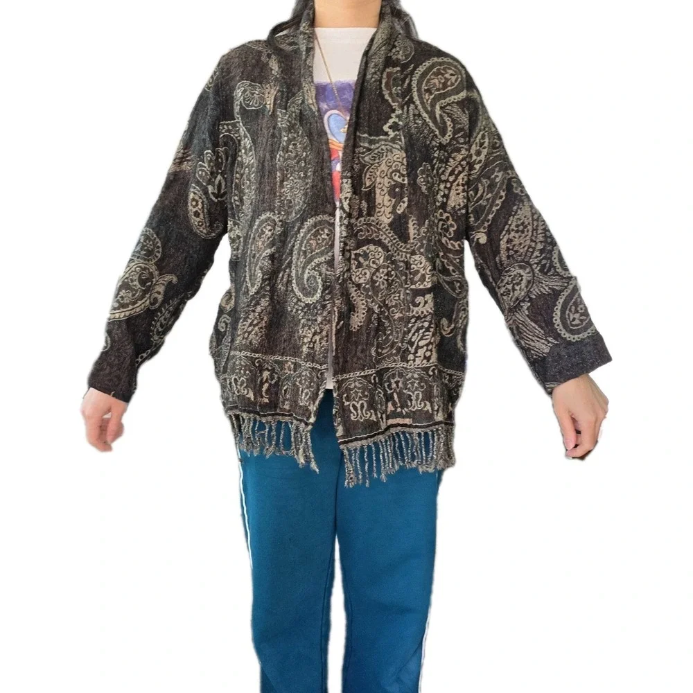 Soft Surroundings 100% Wool‎ Paisley Cardigan Sweater Women's 1X Boho Fringe...